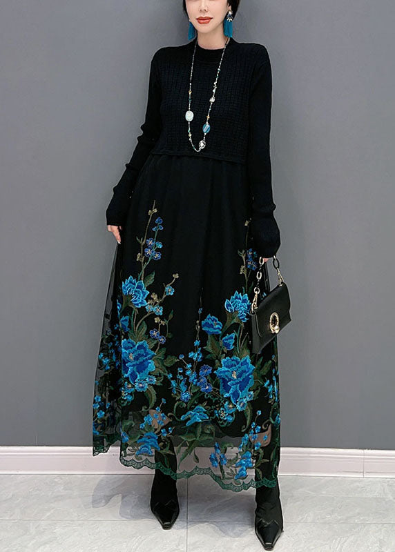 Boutique Blue Embroideried Patchwork Knit Maxi Dress Spring