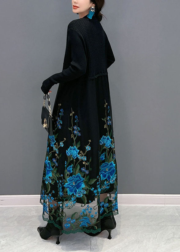 Boutique Blue Embroideried Patchwork Knit Maxi Dress Spring