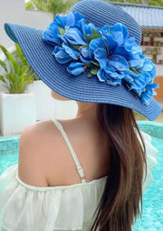 Boutique Blue Floral Straw Woven Holiday Sun Hat