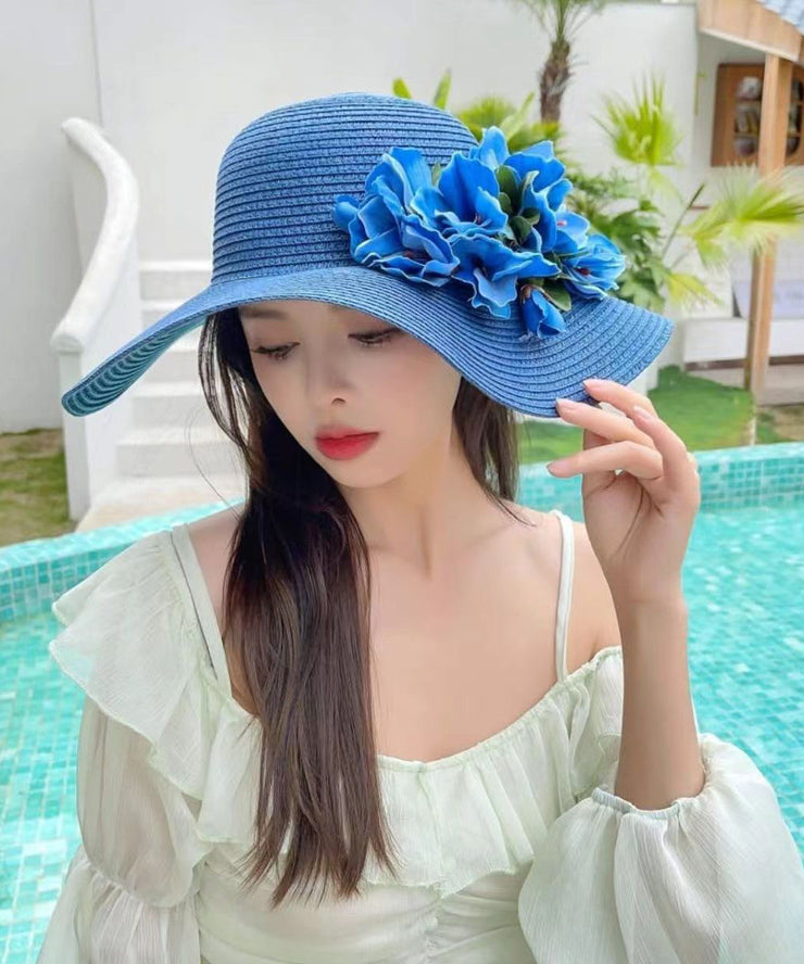 Boutique Blue Floral Straw Woven Holiday Sun Hat
