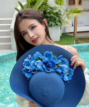 Boutique Blue Floral Straw Woven Holiday Sun Hat