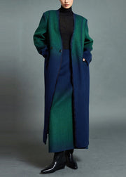 Boutique Blue Green Gradient V Neck Button Woolen Coats Winter