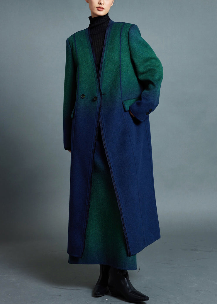 Boutique Blue Green Gradient V Neck Button Woolen Coats Winter