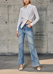 Boutique Blue High Waist Striped Denim Flared Pants Spring