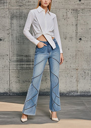 Boutique Blue High Waist Striped Denim Flared Pants Fall