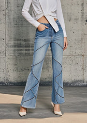 Boutique Blue High Waist Striped Denim Flared Pants Spring