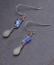 Boutique Blue Lotus Floral Silver Jade Drop Earrings