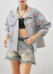 Boutique Blue Nail Bead Rose Print Denim Coats Fall