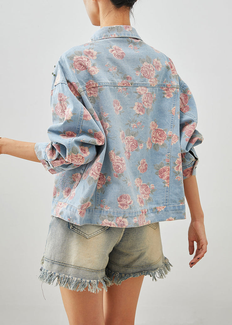 Boutique Blue Nail Bead Rose Print Denim Coats Fall