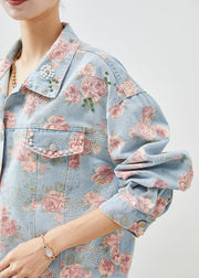 Boutique Blue Nail Bead Rose Print Denim Coats Fall