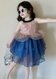 Boutique Blue O-Neck Patchwork Tulle Girls Mid Dress Sleeveless