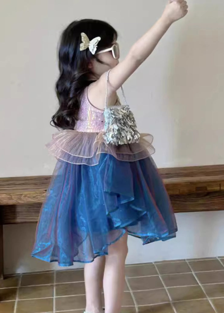 Boutique Blue O-Neck Patchwork Tulle Girls Mid Dress Sleeveless