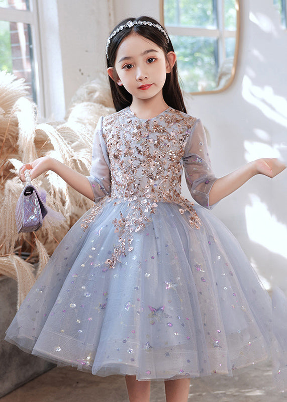 Boutique Blue O-Neck Sequins Patchwork Tulle Kids Long Dress Half Sleeve