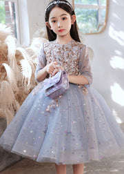 Boutique Blue O-Neck Sequins Patchwork Tulle Kids Long Dress Half Sleeve