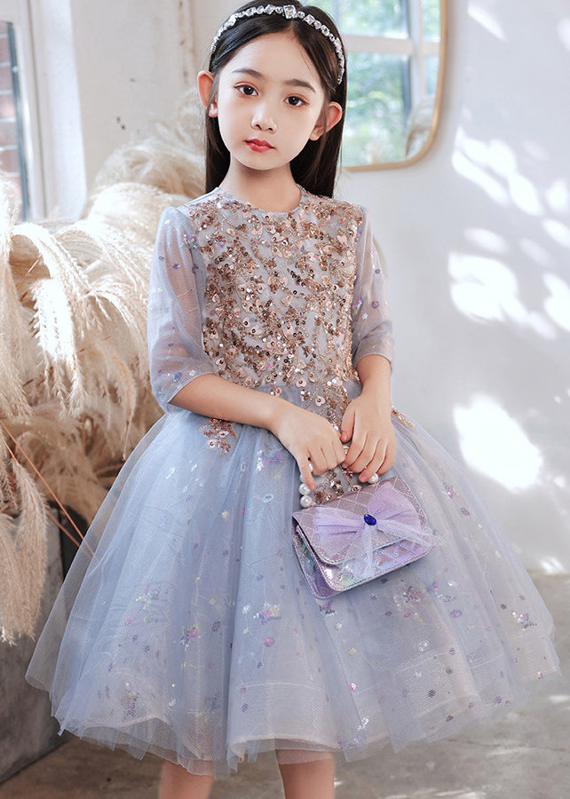 Boutique Blue O-Neck Sequins Patchwork Tulle Kids Long Dress Half Sleeve