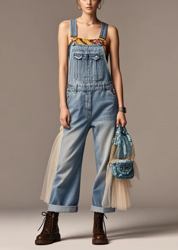 Boutique Blue Oversized Patchwork Tulle Denim Jumpsuit Summer