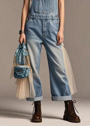 Boutique Blue Oversized Patchwork Tulle Denim Jumpsuit Summer