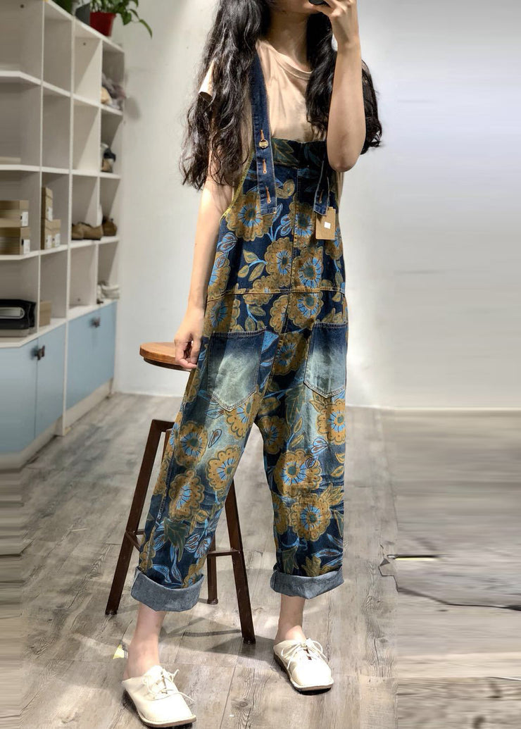 Boutique Blue Oversized Print Denim Overalls Jumpsuit Spring