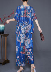 Boutique Blue Oversized Print Silk Two Pieces Set Summer