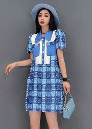 Boutique Blue Peter Pan Collar Button Plaid Cotton Mini Dresses Short Sleeve