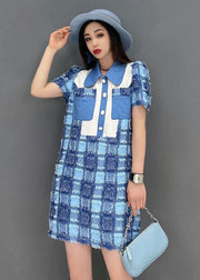 Boutique Blue Peter Pan Collar Button Plaid Cotton Mini Dresses Short Sleeve