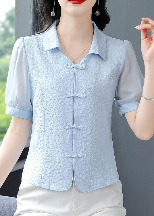 Boutique Blue Peter Pan Collar Chinese Button Cotton Tops Summer