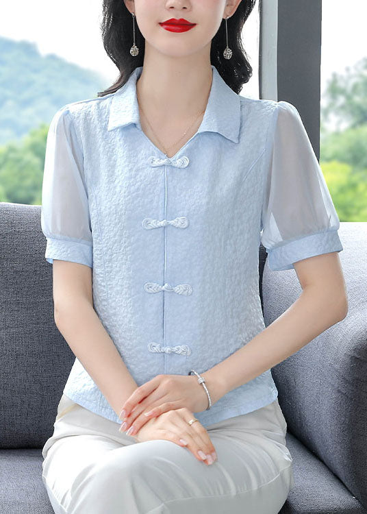Boutique Blue Peter Pan Collar Chinese Button Cotton Tops Summer
