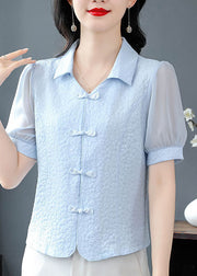 Boutique Blue Peter Pan Collar Chinese Button Cotton Tops Summer