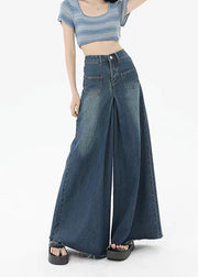 Boutique Blue Pockets High Waist Denim Wide Leg Pants Summer