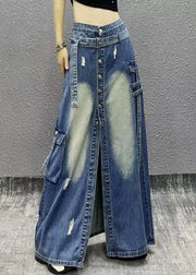 Boutique Blue Pockets Patchwork Front Open Denim Skirt Fall