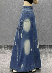 Boutique Blue Pockets Patchwork Front Open Denim Skirt Spring