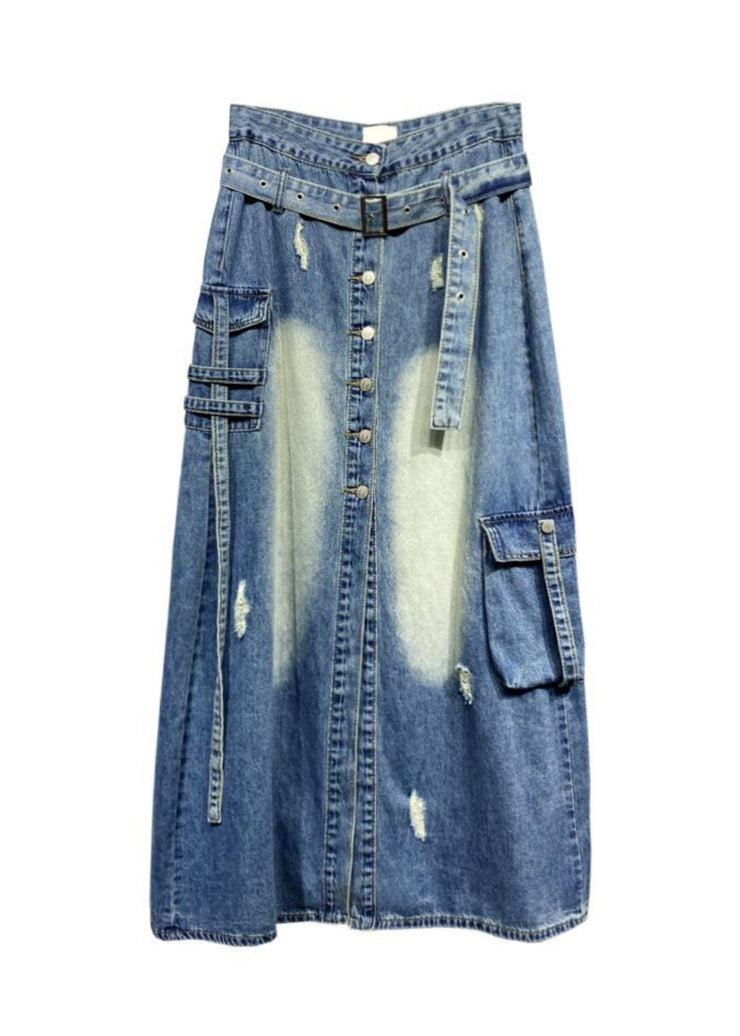 Boutique Blue Pockets Patchwork Front Open Denim Skirt Spring