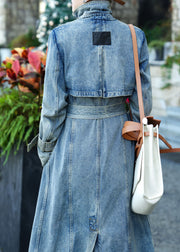 Boutique Blue Pockets Tie Waist Patchwork Denim Trench Fall