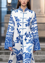 Boutique Blue Print Chinese Button Oriental Dress Fall