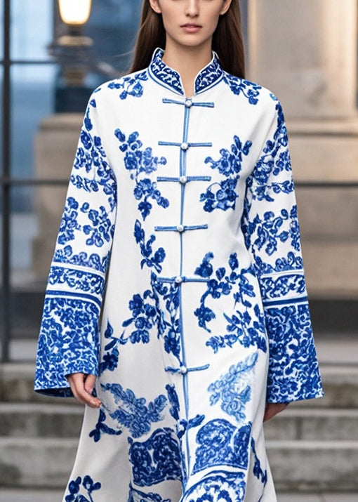 Boutique Blue Print Chinese Button Oriental Dress Spring