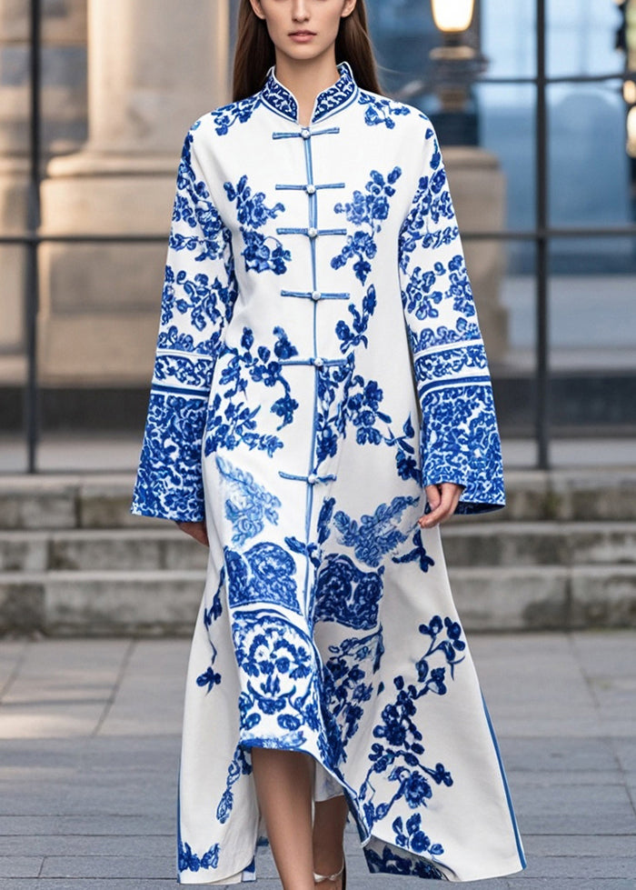 Boutique Blue Print Chinese Button Oriental Dress Spring