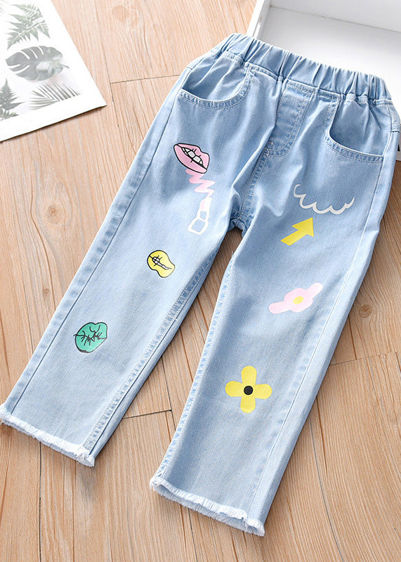 Boutique Blue Print Pockets Girls Straight Denim Pants