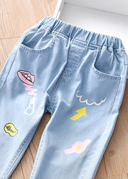 Boutique Blue Print Pockets Girls Straight Denim Pants