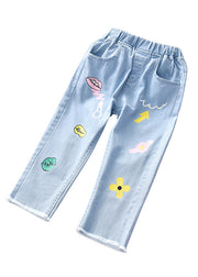 Boutique Blue Print Pockets Girls Straight Denim Pants