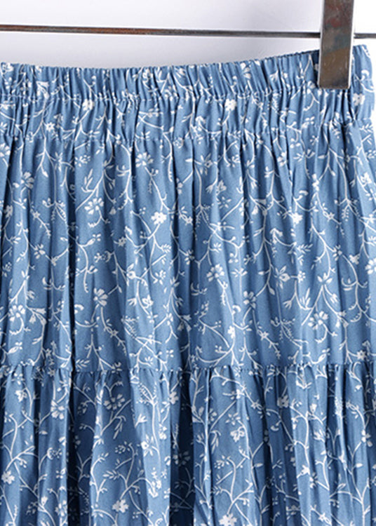 Boutique Blue Print Wrinkled Elastic Waist A Line Skirt Fall