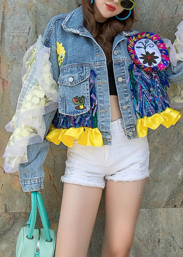 Boutique Blue Ruffled Pockets Floral Decorated Patchwork Denim Short Coat Spring