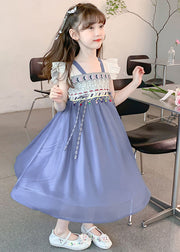 Boutique Blue Square Collar Patchwork Tassel Chiffon Kids Long Dresses Sleeveless