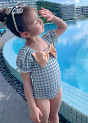 Boutique Blue Square Collar Plaid Bow Kids One Piece Swimsui Summer