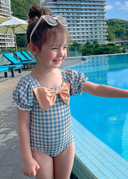 Boutique Blue Square Collar Plaid Bow Kids One Piece Swimsui Summer