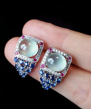 Boutique Blue Sterling Silver Zircon Gem Stone Chalcedony Stud Earrings