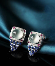 Boutique Blue Sterling Silver Zircon Gem Stone Chalcedony Stud Earrings