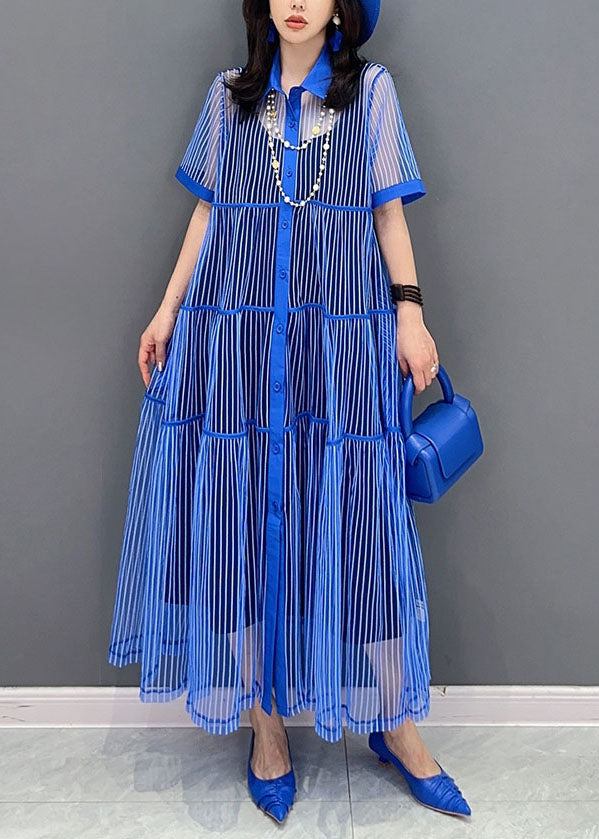 Boutique Blue Striped Peter Pan Collar Patchwork Tulle Shirts Dress Summer