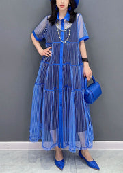 Boutique Blue Striped Peter Pan Collar Patchwork Tulle Shirts Dress Summer