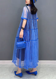 Boutique Blue Striped Peter Pan Collar Patchwork Tulle Shirts Dress Summer