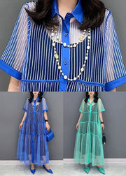 Boutique Blue Striped Peter Pan Collar Patchwork Tulle Shirts Dress Summer